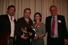 Paul & Tracey Campbell accepting The Adrian Gardiner Award for Innovation from Adrian Gardiner (chairman of The Mantis Collection), and Will Carling (former England Rugby captain)